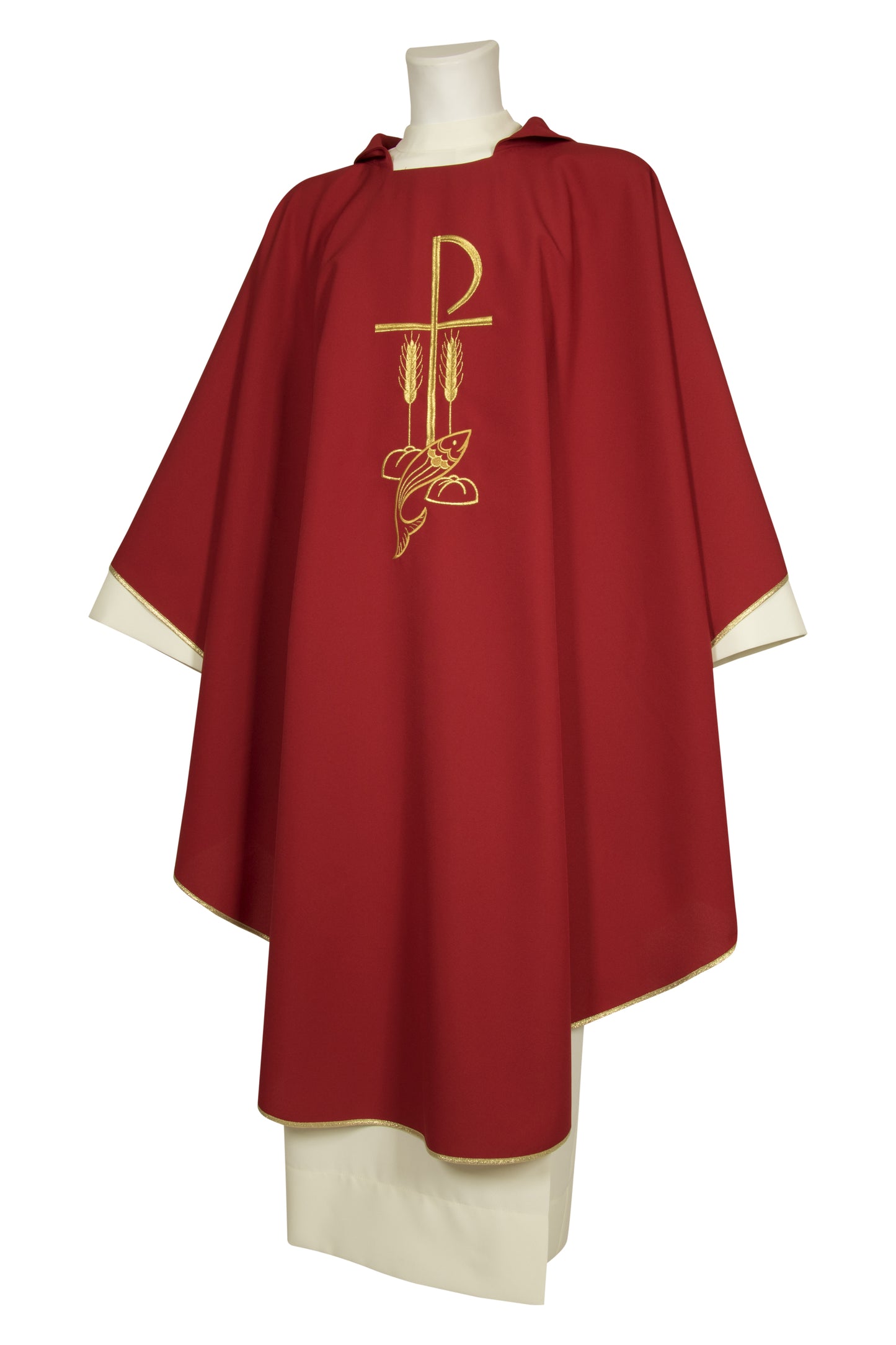 Casula in poliestere con ricamo Pax, pesci e spighe