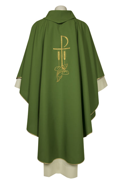 Casula in poliestere con ricamo Pax, pesci e spighe