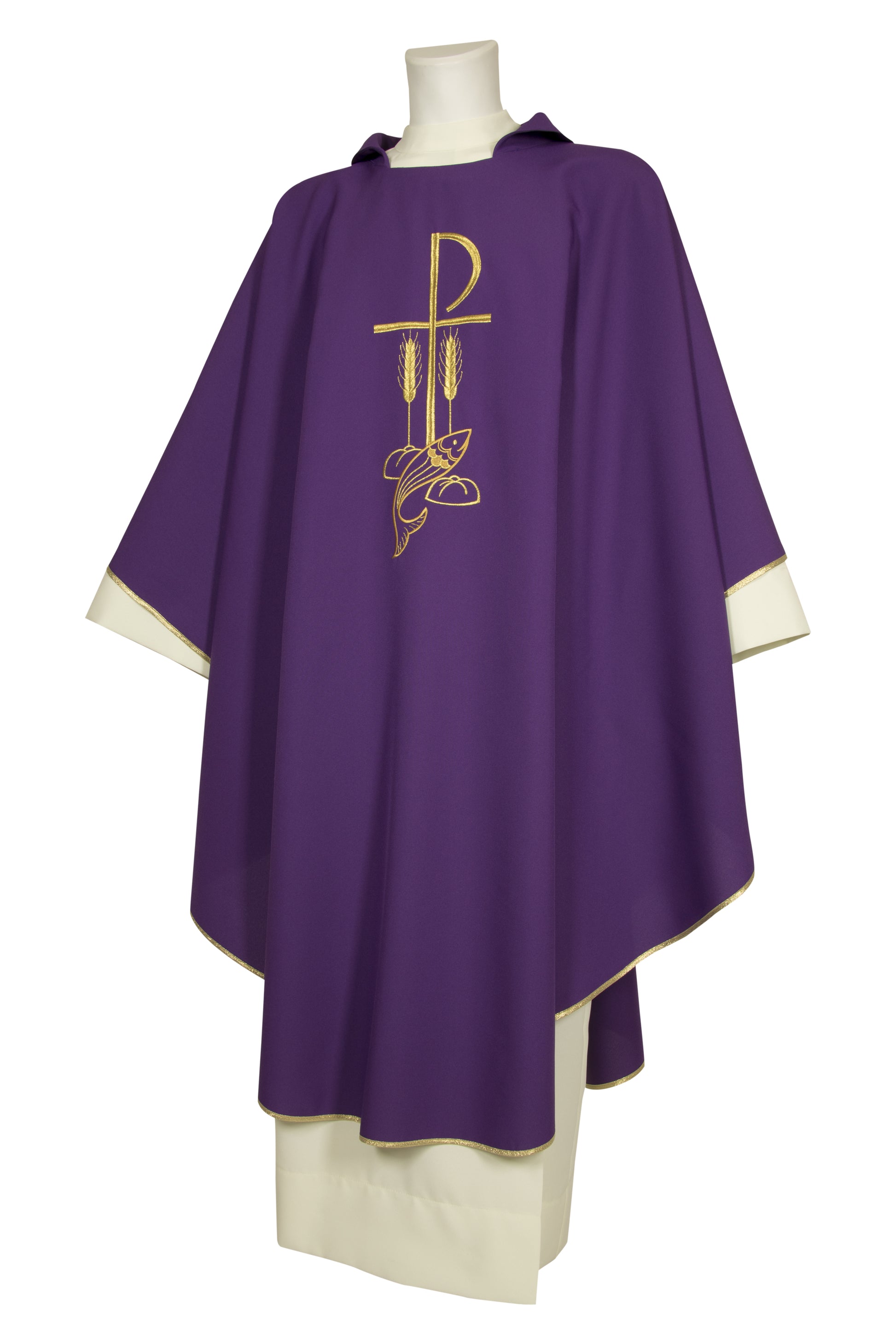 Casula in poliestere con ricamo Pax, pesci e spighe