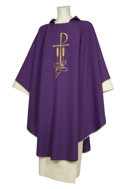 Casula in poliestere con ricamo Pax, pesci e spighe