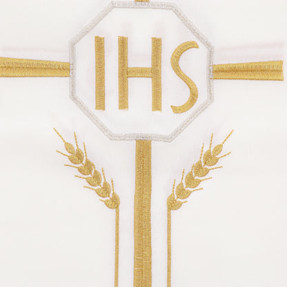 Casula in poliestere con ricamo IHS, croce e spighe