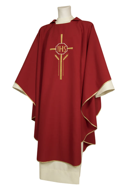 Casula in poliestere con ricamo IHS, croce e spighe