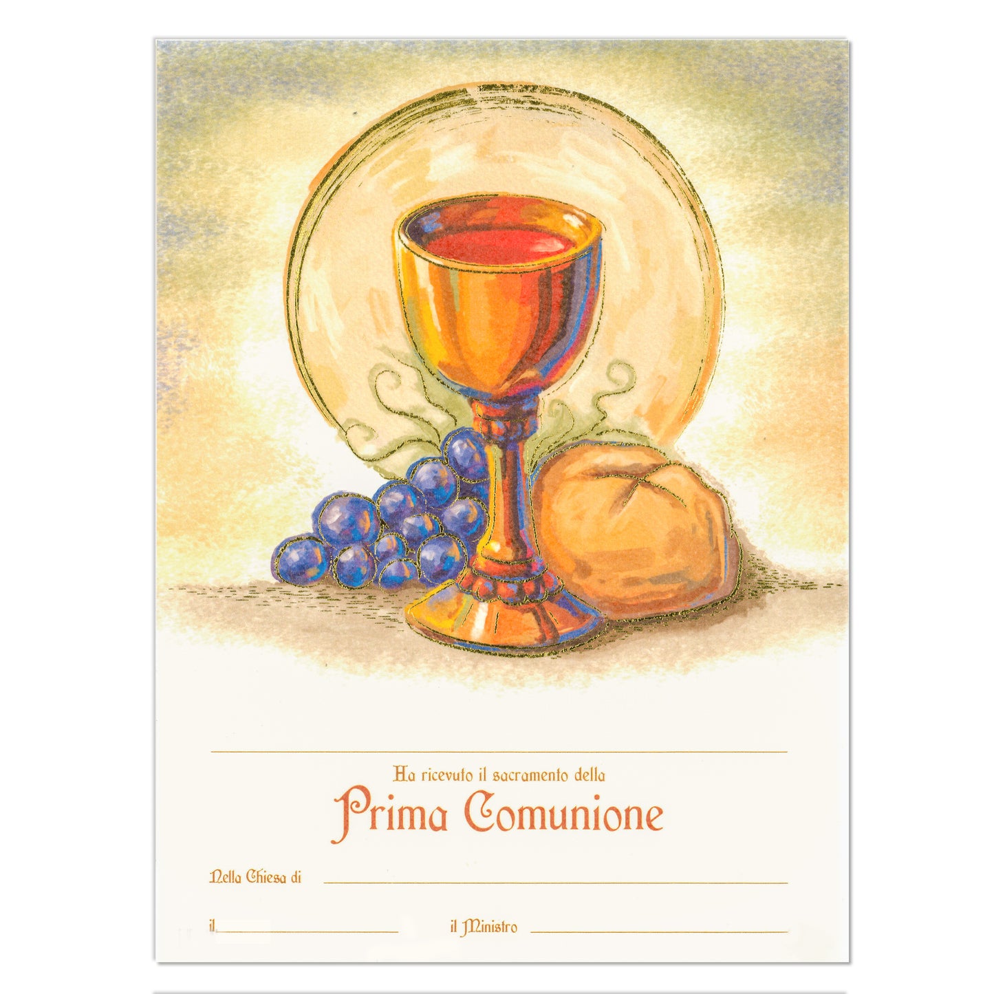 Diploma in carta pergamena Prima Comunione da compilare. Dimensioni 18x24cm