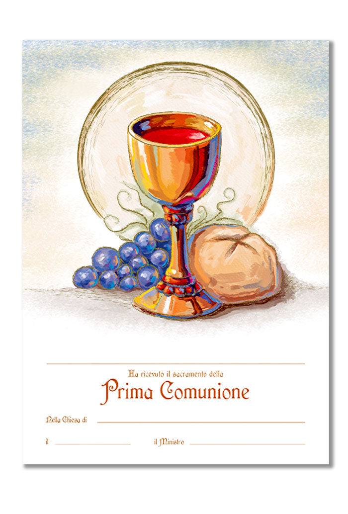 Diploma in carta pergamena Prima Comunione da compilare. Dimensioni 18x24cm