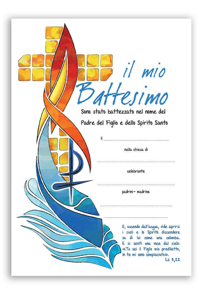 Diploma Battesimo in cartoncino con retro "I segni del Batterimo". Dimensioni 16x23cm