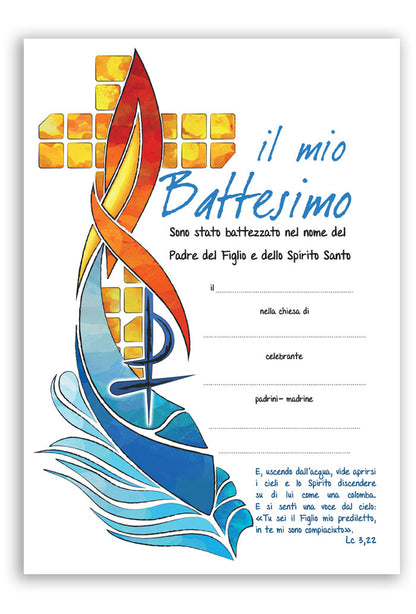Diploma Battesimo in cartoncino con retro "I segni del Batterimo". Dimensioni 16x23cm