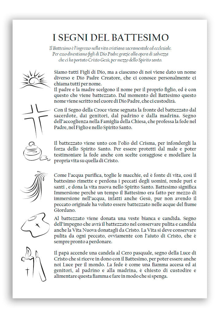 Diploma Battesimo in cartoncino con retro "I segni del Batterimo". Dimensioni 16x23cm
