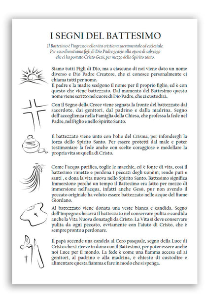 Diploma Battesimo in cartoncino con retro "I segni del Batterimo". Dimensioni 16x23cm