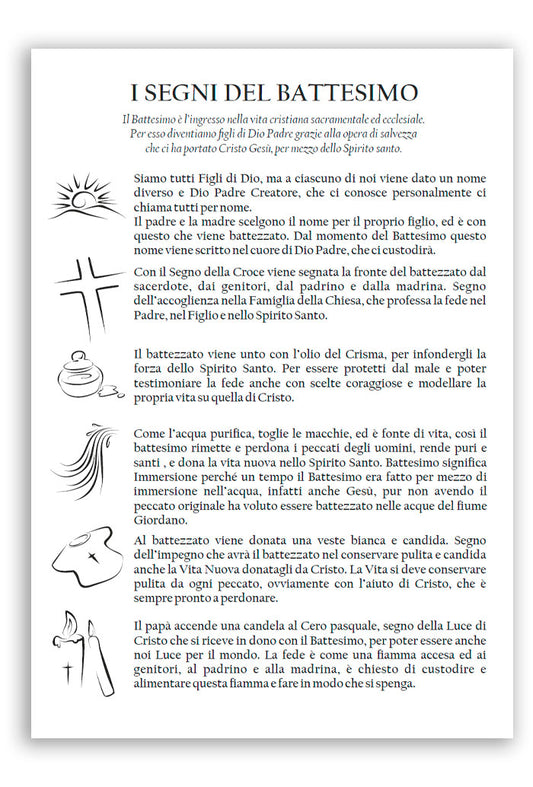 Diploma Battesimo in cartoncino con retro "I segni del Batterimo". Dimensioni 16x23cm