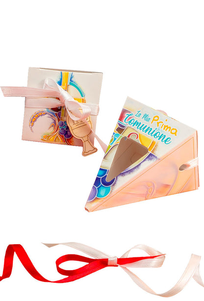 Cono porta confetti completo di nastrino e ciondolo in legno. Per Comunione e Cresima. Altezza 12 cm.