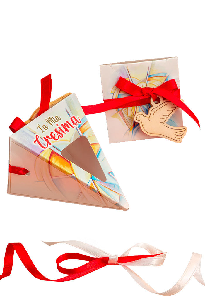 Cono porta confetti completo di nastrino e ciondolo in legno. Per Comunione e Cresima. Altezza 12 cm.