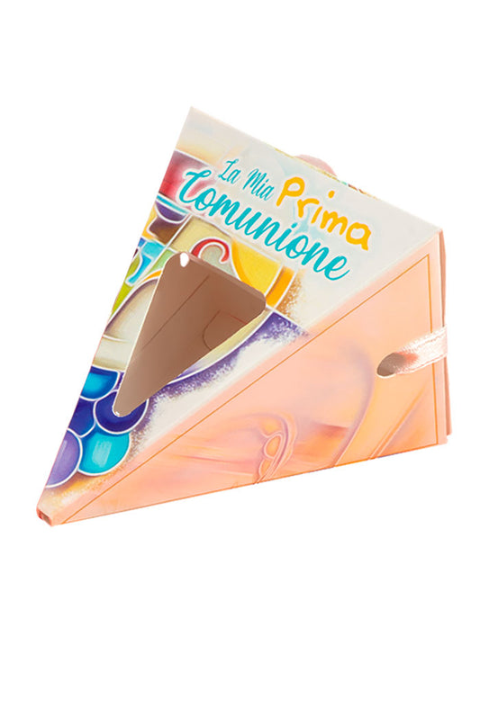 Cono porta confetti completo di nastrino e ciondolo in legno. Per Comunione e Cresima. Altezza 12 cm.