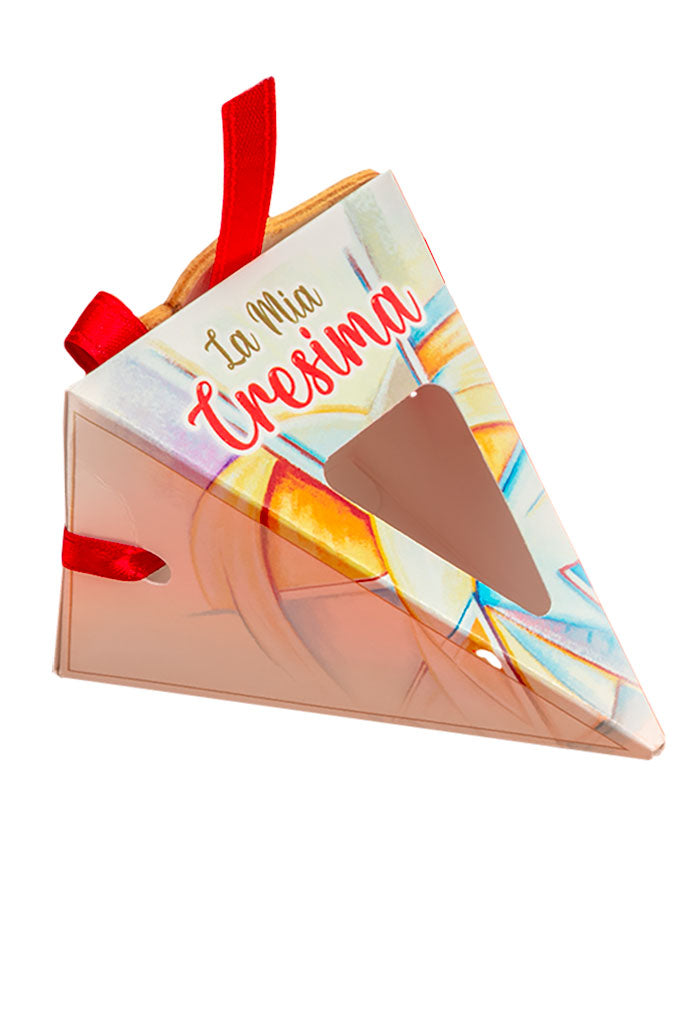 Cono porta confetti completo di nastrino e ciondolo in legno. Per Comunione e Cresima. Altezza 12 cm.