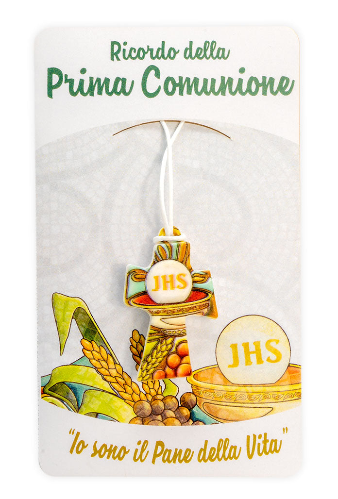 Ciondolo effetto ceramica con cartoncino. Per Confessione, Comunione, Cresima. Dimensioni 2x3,5 cm