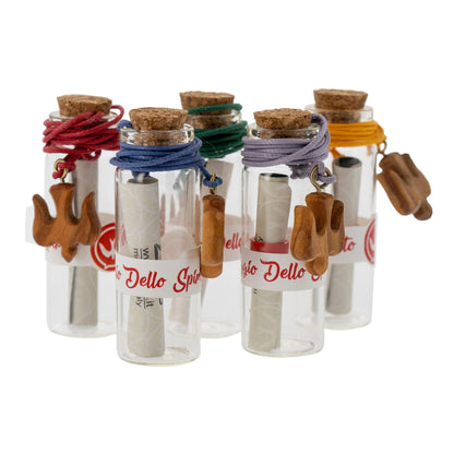 Bottiglietta in vetro con "Messaggio Spirito Santo" per Cresima con ciondolo Colomba in ulivo. Dimensioni 2x6,5 cm