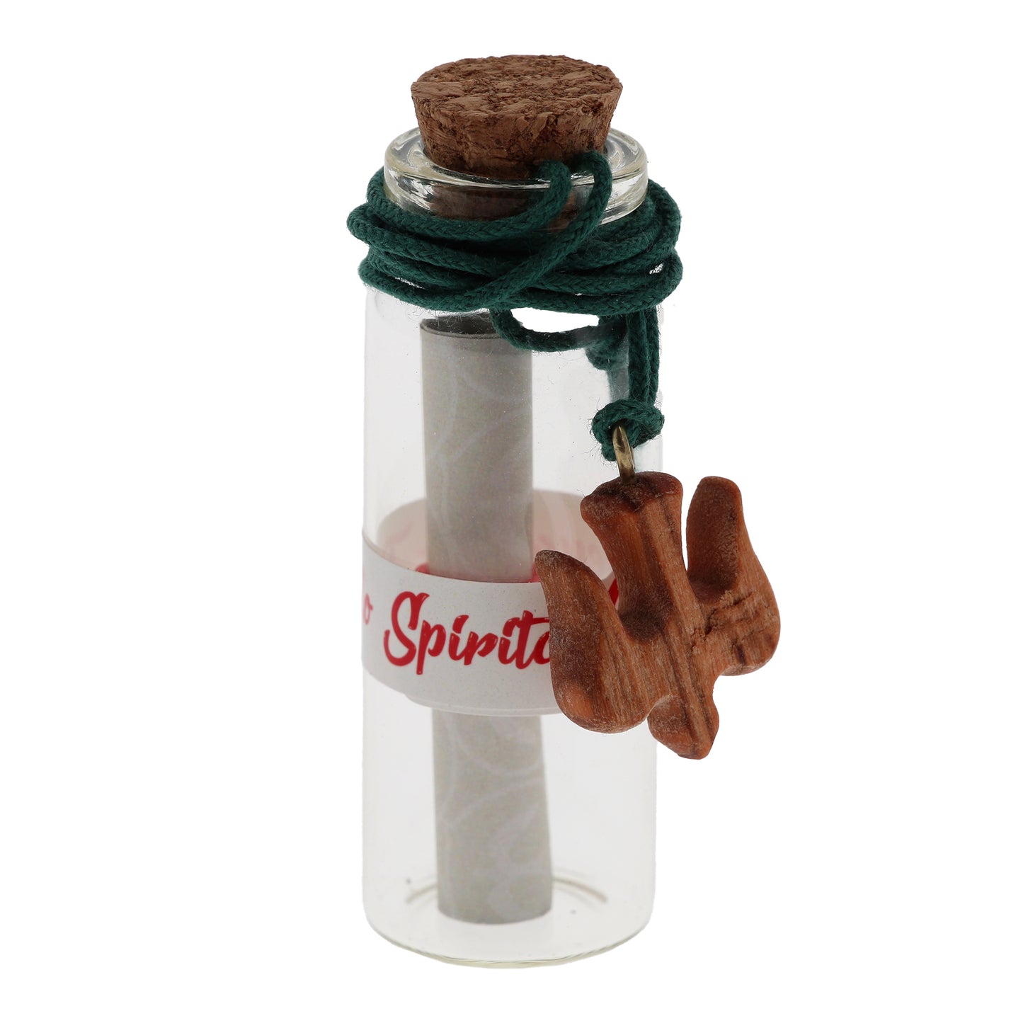 Bottiglietta in vetro con "Messaggio Spirito Santo" per Cresima con ciondolo Colomba in ulivo. Dimensioni 2x6,5 cm