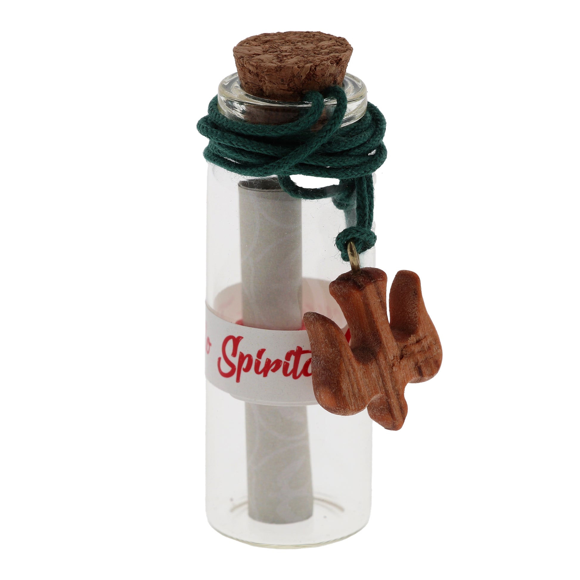 Bottiglietta in vetro con "Messaggio Spirito Santo" per Cresima con ciondolo Colomba in ulivo. Dimensioni 2x6,5 cm