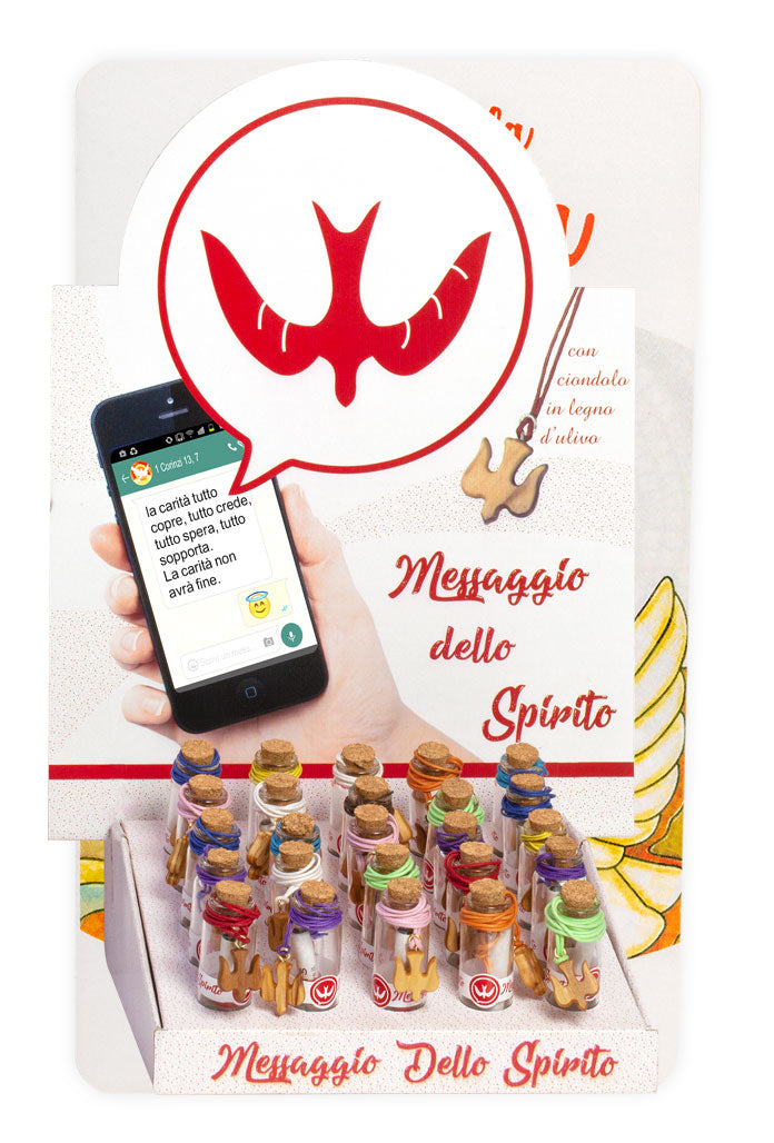 Bottiglietta in vetro con "Messaggio Spirito Santo" per Cresima con ciondolo Colomba in ulivo. Dimensioni 2x6,5 cm