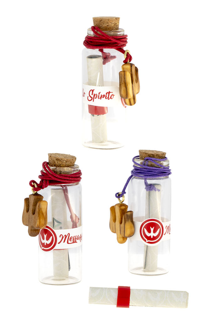 Bottiglietta in vetro con "Messaggio Spirito Santo" per Cresima con ciondolo Colomba in ulivo. Dimensioni 2x6,5 cm