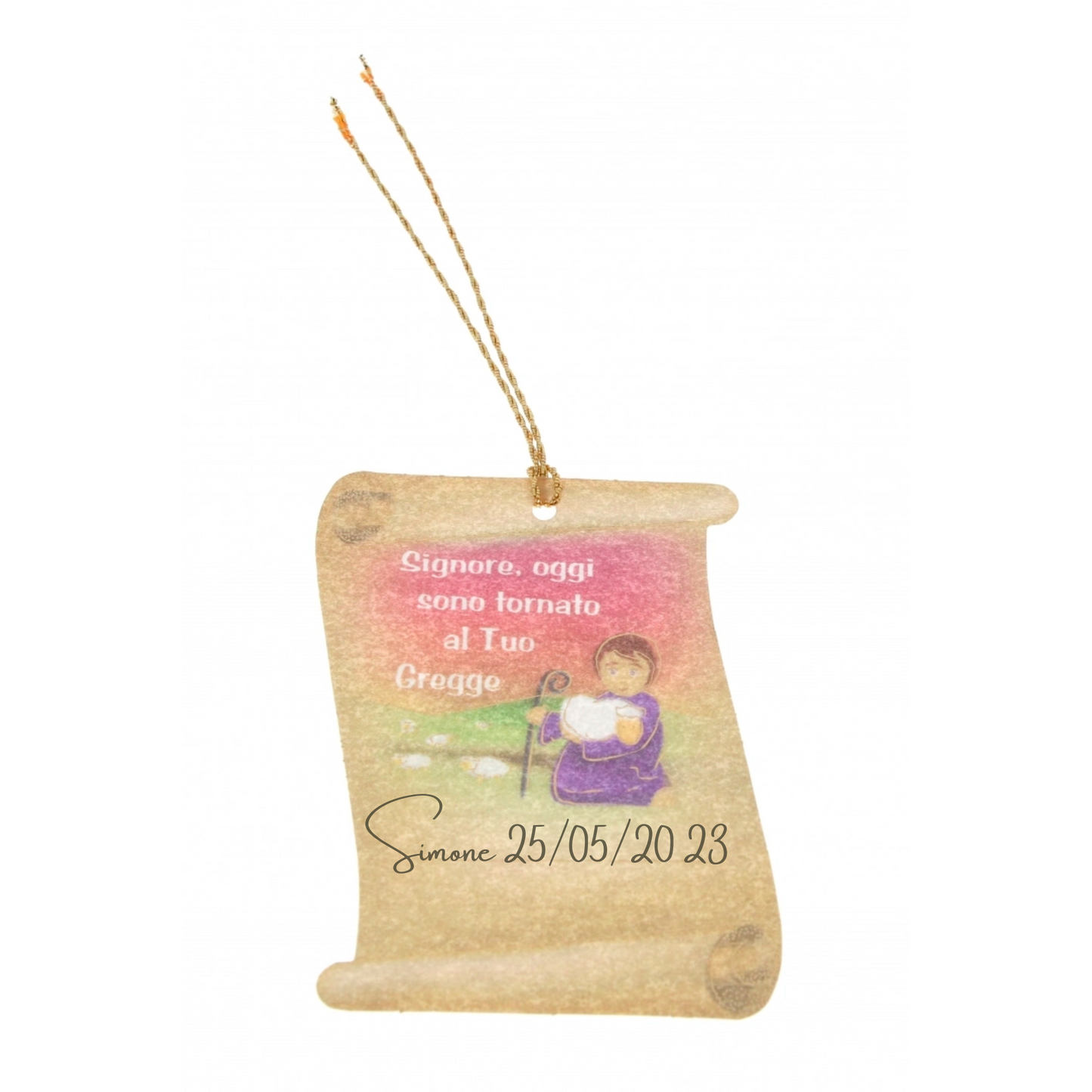 Diplomino pergamena Confessione con laccio dorato. Dimensioni 6x8 cm 
