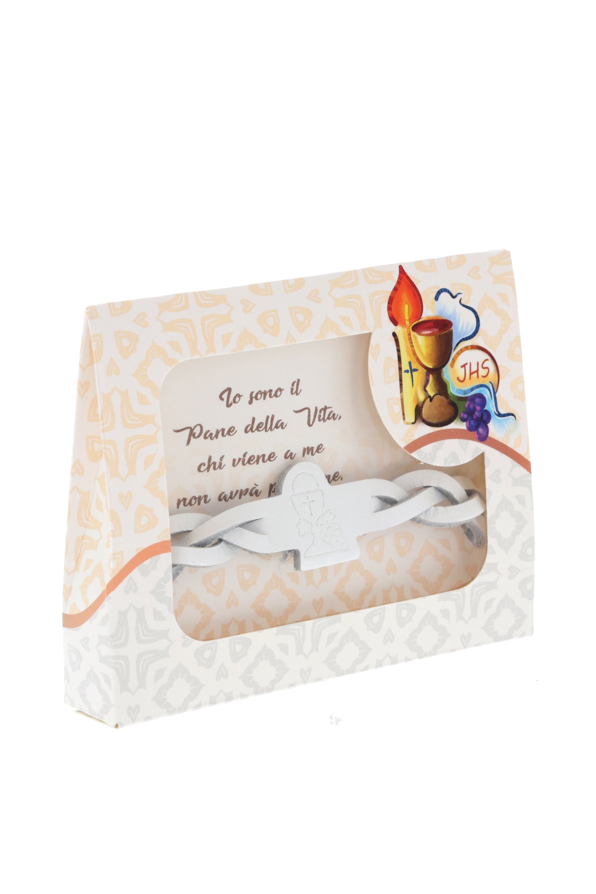 Bracciale in pelle con confezione. Per Comunione e Cresima. Dimensioni 1x21,5 cm