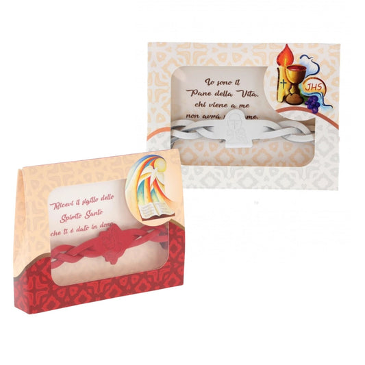 Bracciale in pelle con confezione. Per Comunione e Cresima. Dimensioni 1x21,5 cm