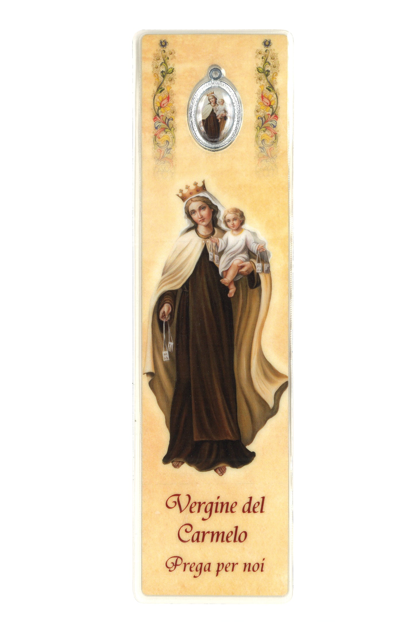 Segnalibro con medaglia smaltata Madonna del Carmelo. Dimensioni 5x18 cm
