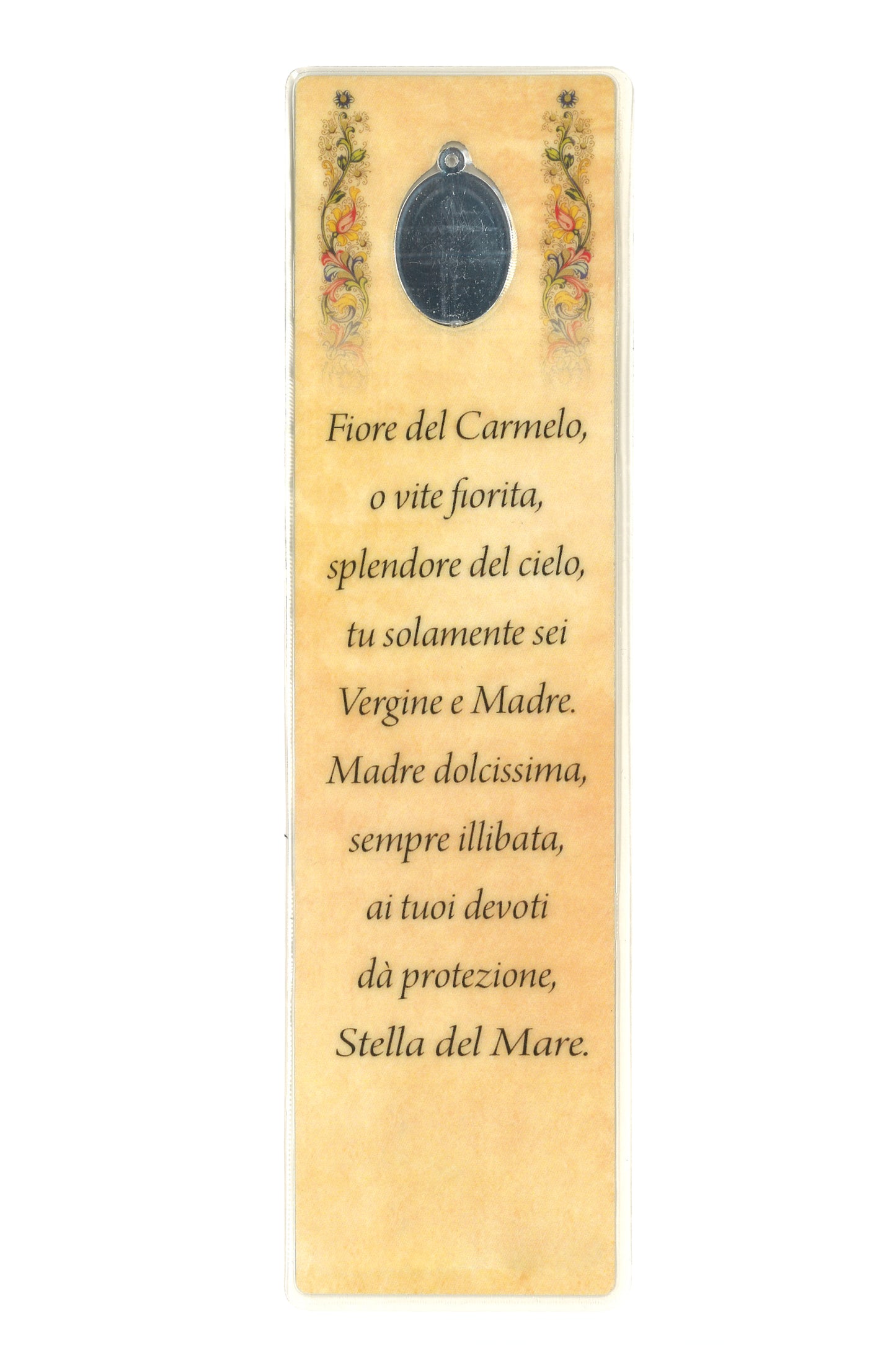Segnalibro con medaglia smaltata Madonna del Carmelo. Dimensioni 5x18 cm