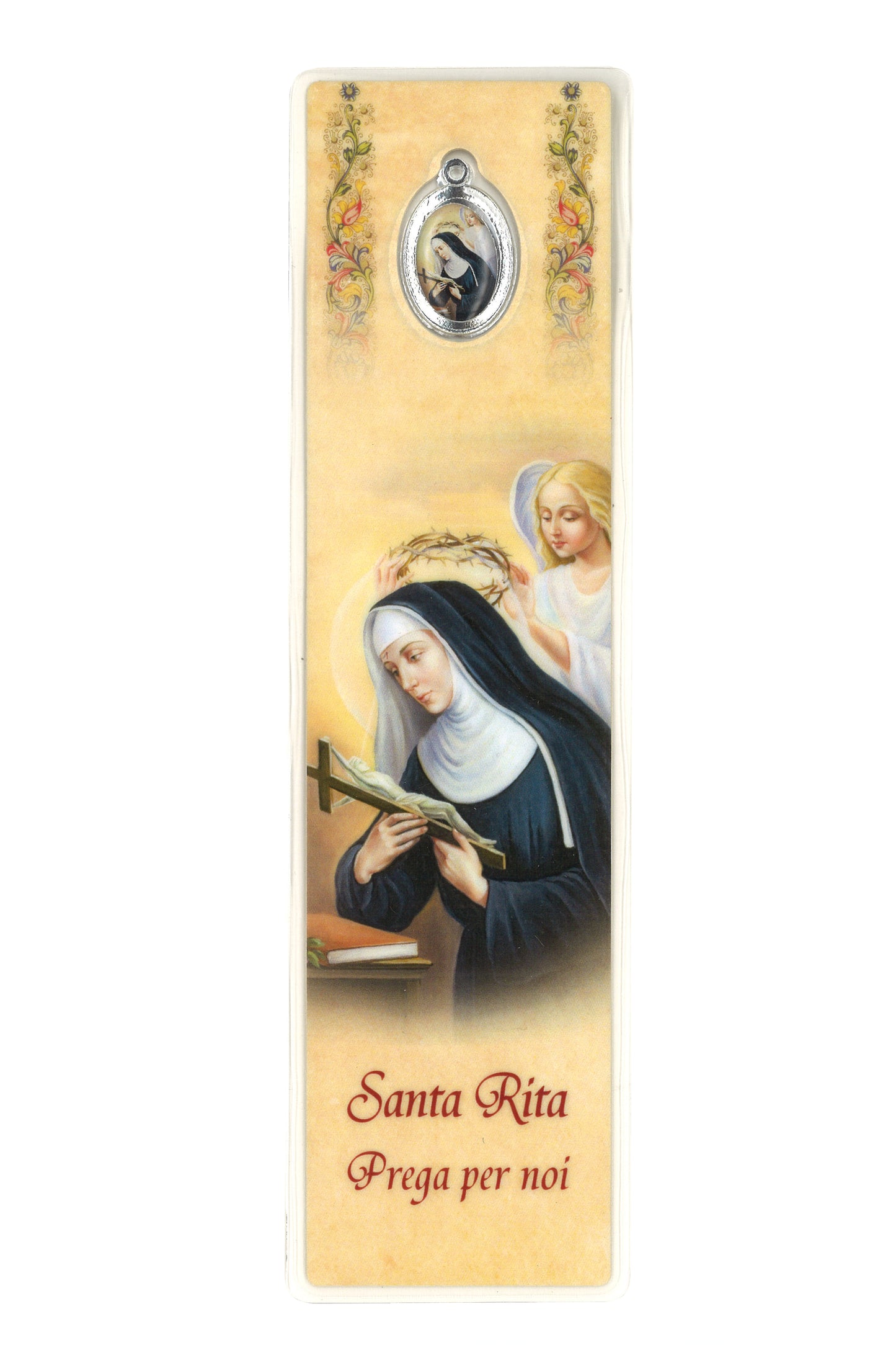 Segnalibro con medaglia smaltata Santa Rita. Dimensioni 5x18 cm
