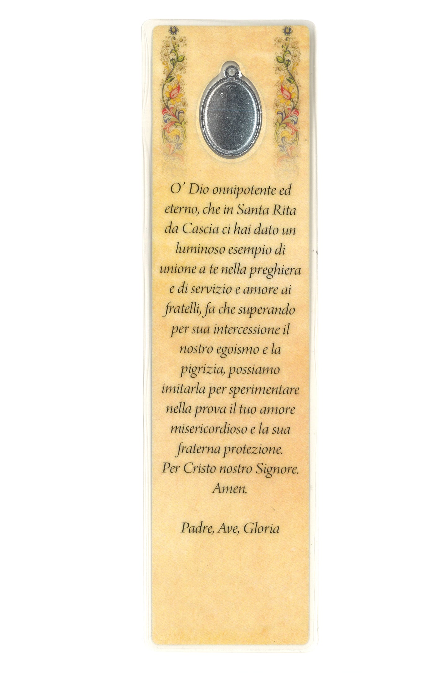 Segnalibro con medaglia smaltata Santa Rita. Dimensioni 5x18 cm
