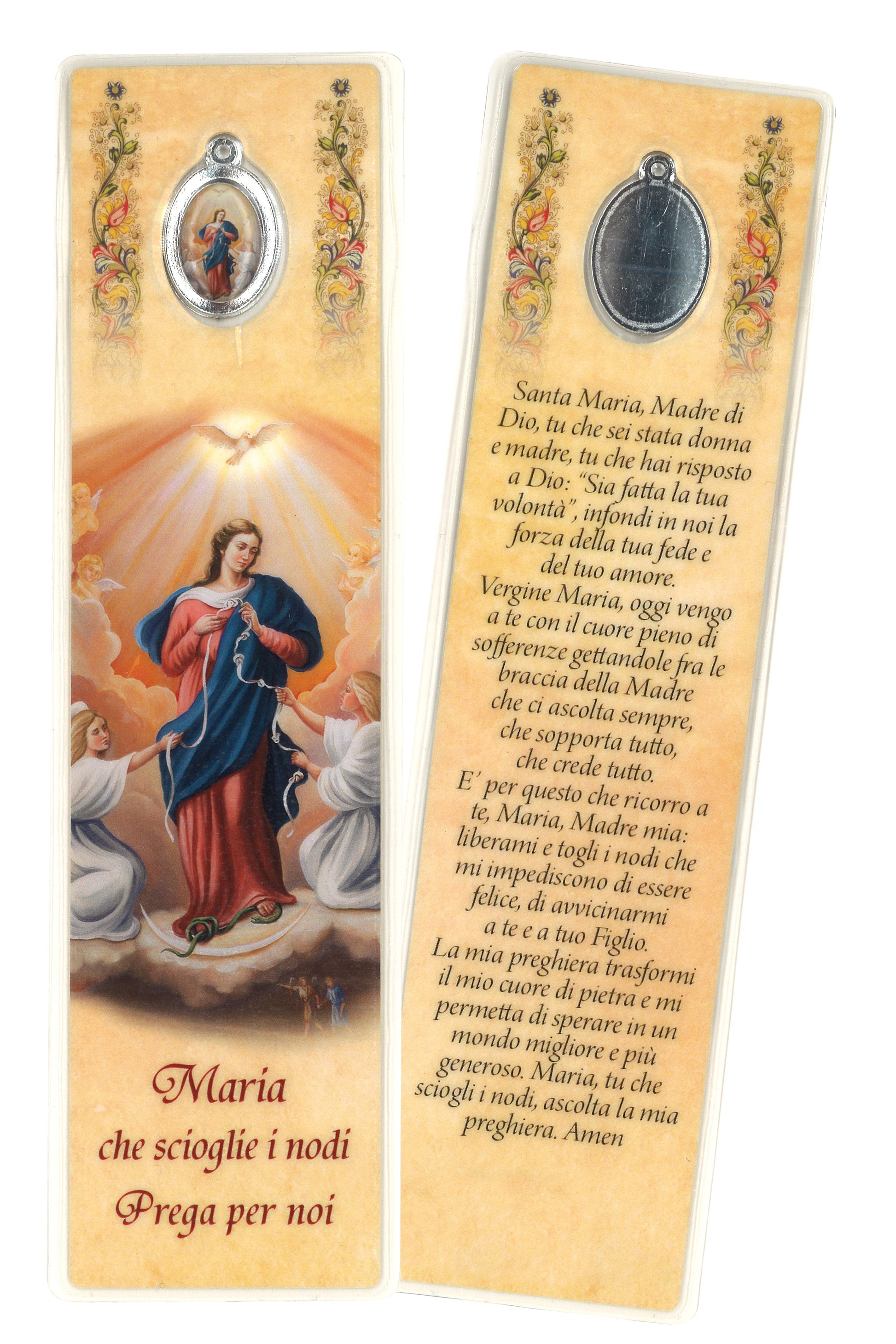 Segnalibro con medaglia smaltata Maria che scioglie i nodi. Dimensioni 5x18 cm
