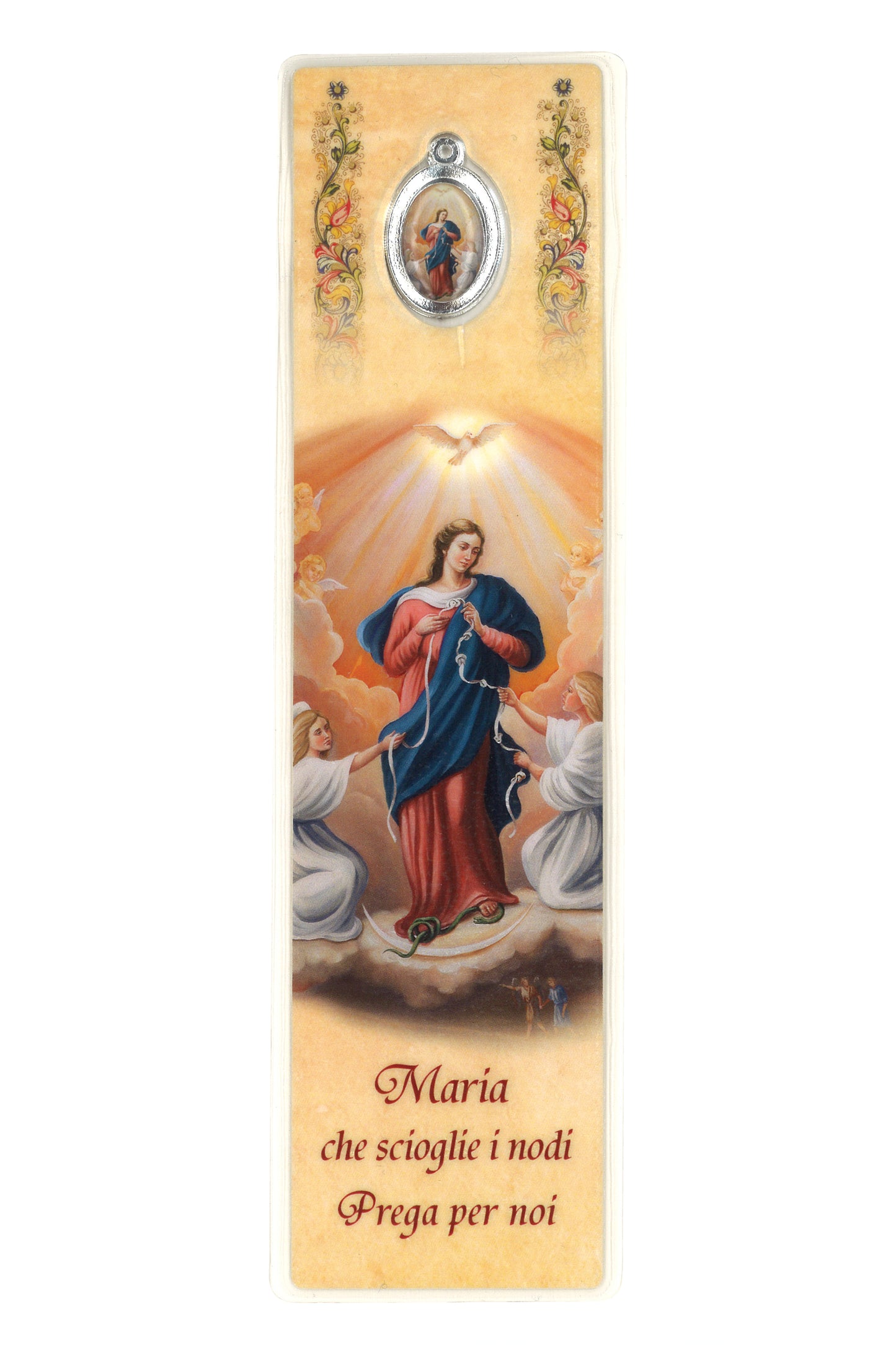 Segnalibro con medaglia smaltata Maria che scioglie i nodi. Dimensioni 5x18 cm
