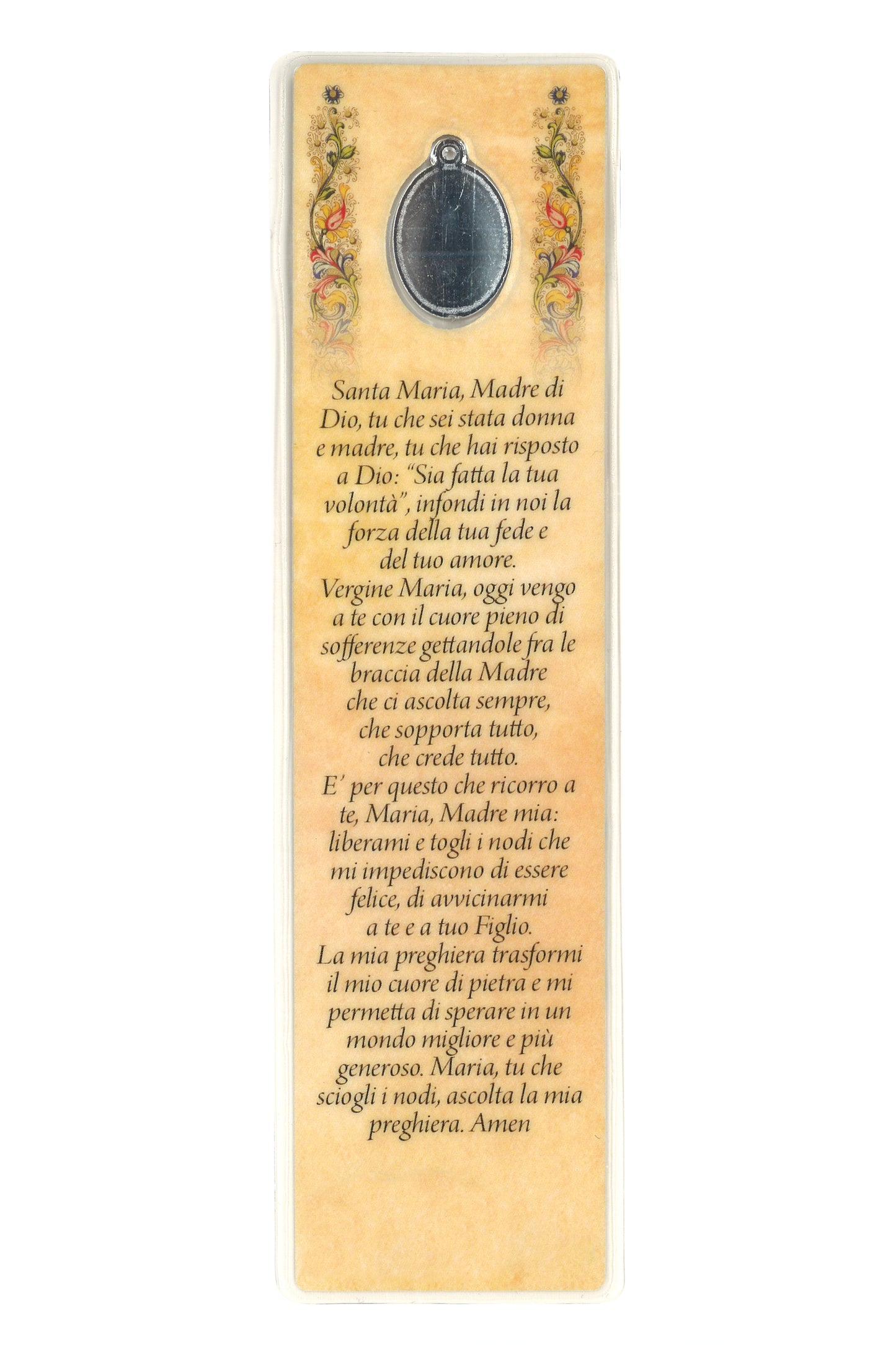 Segnalibro con medaglia smaltata Maria che scioglie i nodi. Dimensioni 5x18 cm
