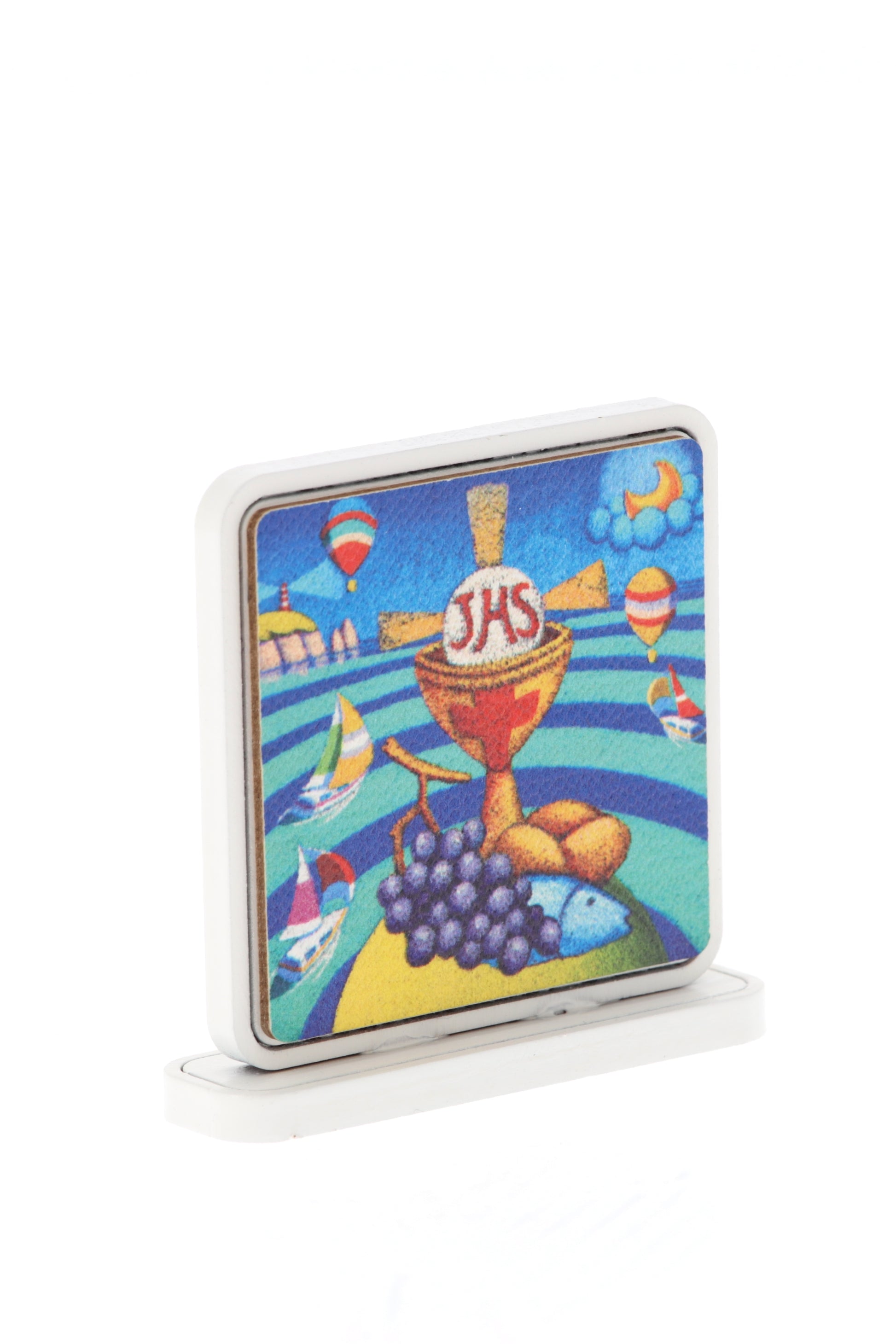 Ricordino per Comunione e Cresima - Quadro con basetta in legno e immagine Calisti. Dimensioni 5,2x5,2cm.