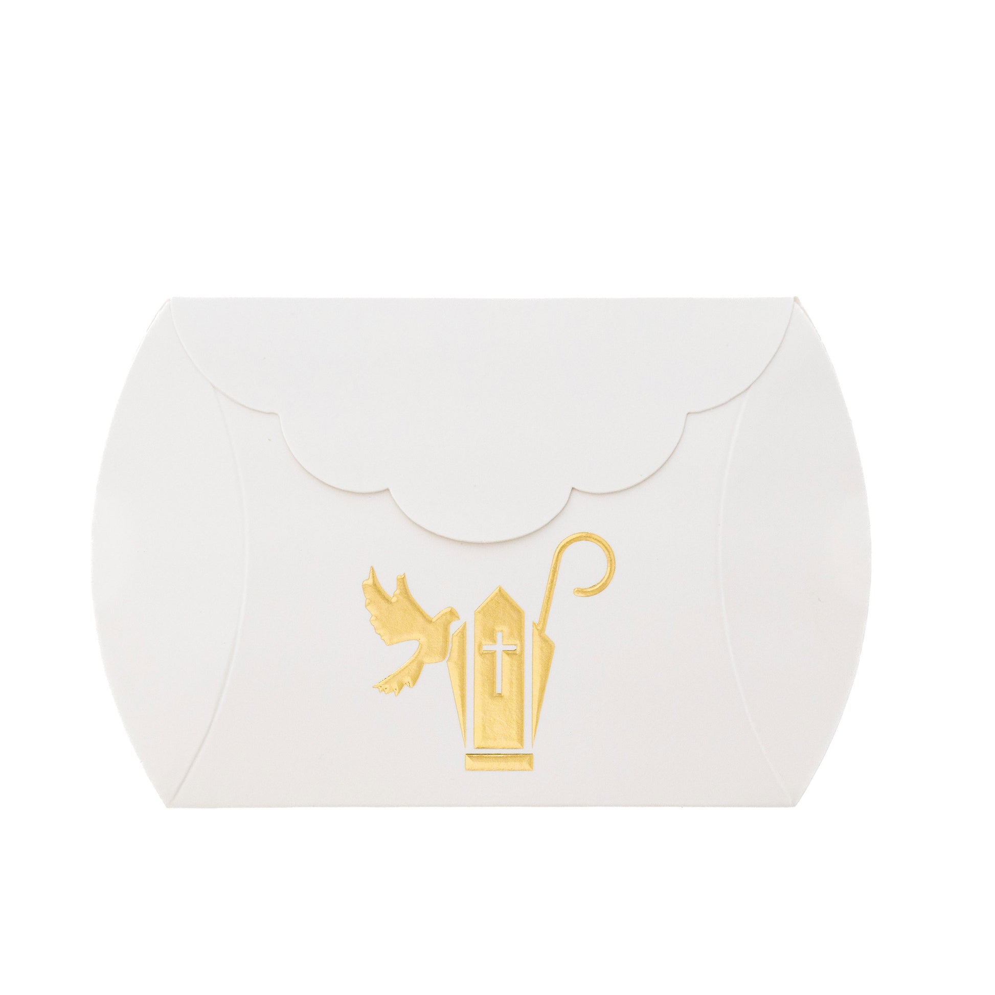 Scatolina porta confetti in carta con stampa in oro per Cresima e Comunione. Dimensioni 10,5x8x2,5cm
