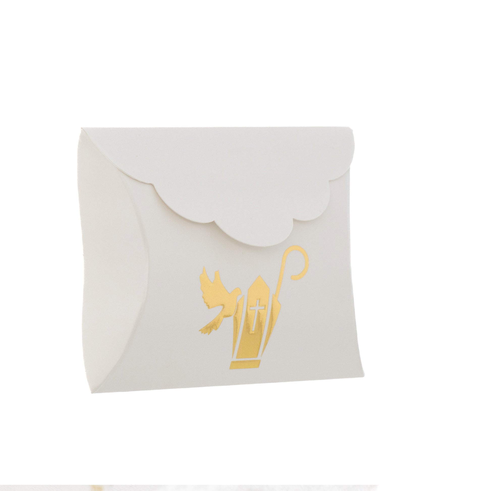 Scatolina porta confetti in carta con stampa in oro per Cresima e Comunione. Dimensioni 10,5x8x2,5cm
