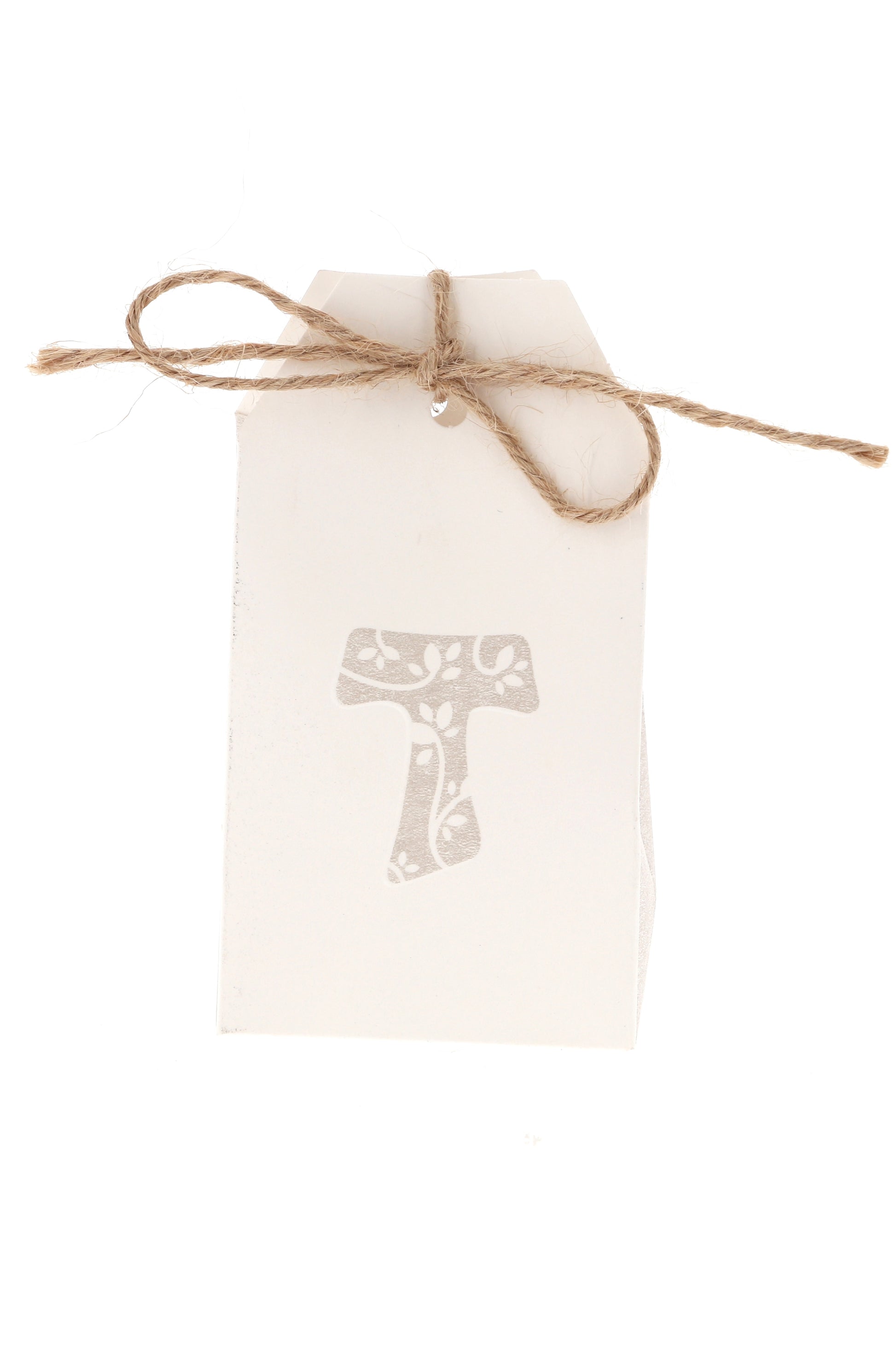 Scatolina porta confetti in carta con Croce Tau e laccetto in corda. Dimensioni 5,5x10 cm 
