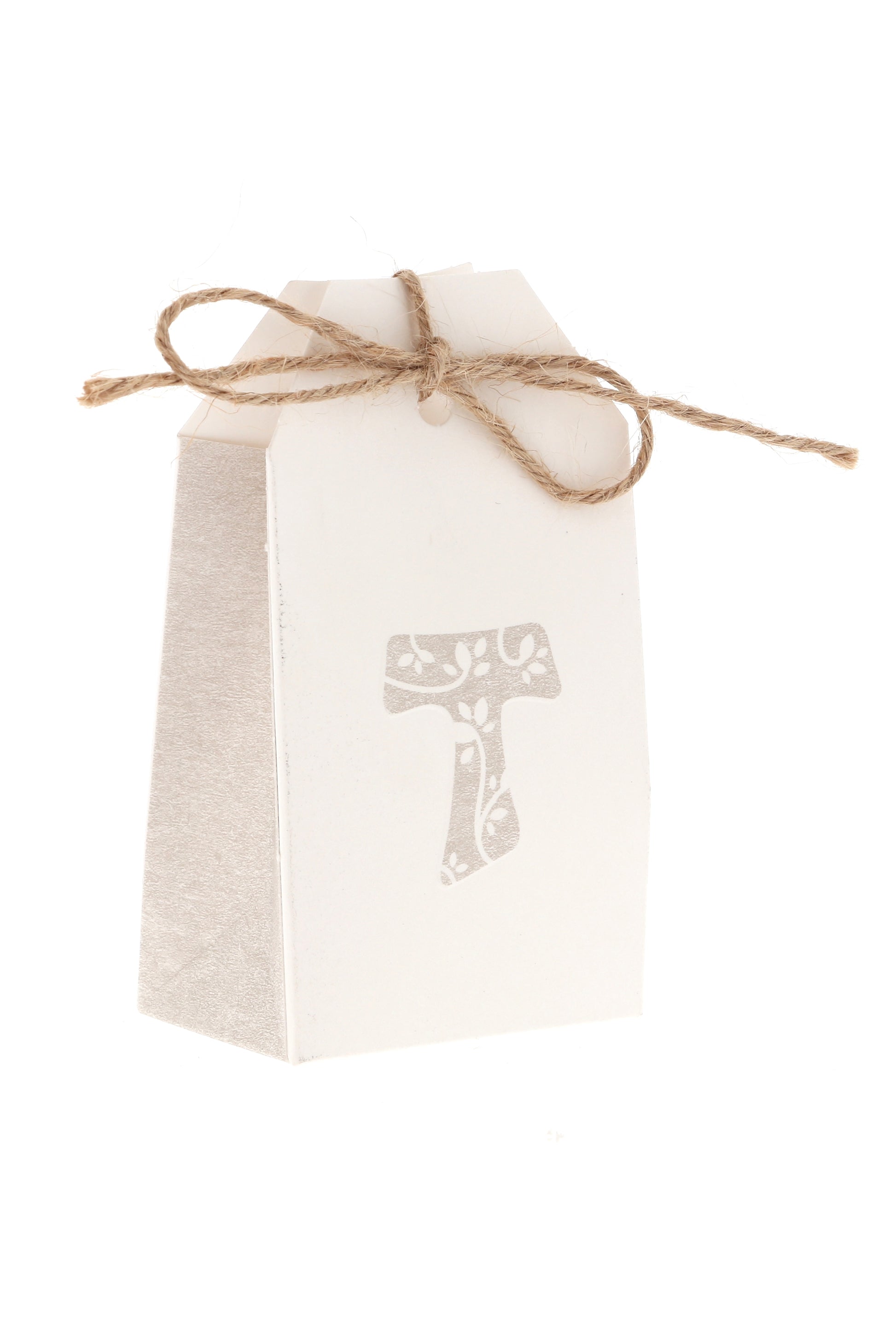 Scatolina porta confetti in carta con Croce Tau e laccetto in corda. Dimensioni 5,5x10 cm 
