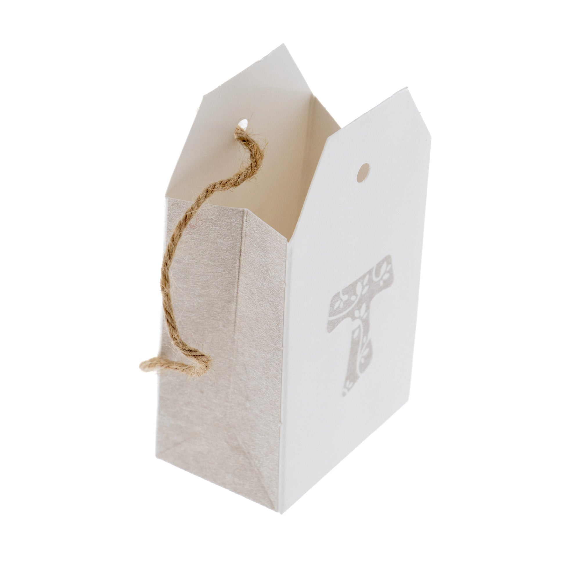 Scatolina porta confetti in carta con Croce Tau e laccetto in corda. Dimensioni 5,5x10 cm 
