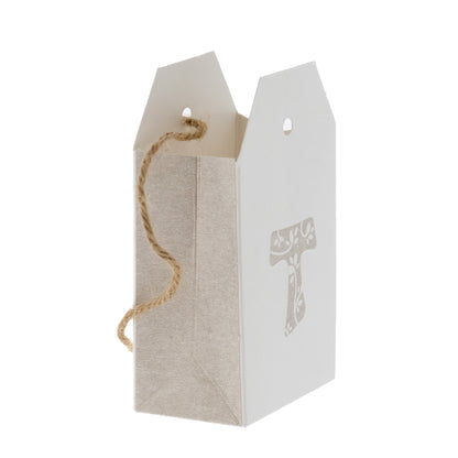 Scatolina porta confetti in carta con Croce Tau e laccetto in corda. Dimensioni 5,5x10 cm 
