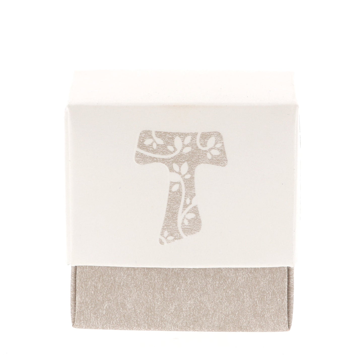 Scatolina porta confetti in carta con Croce Tau e coperchio. Dimensioni 5x5 cm