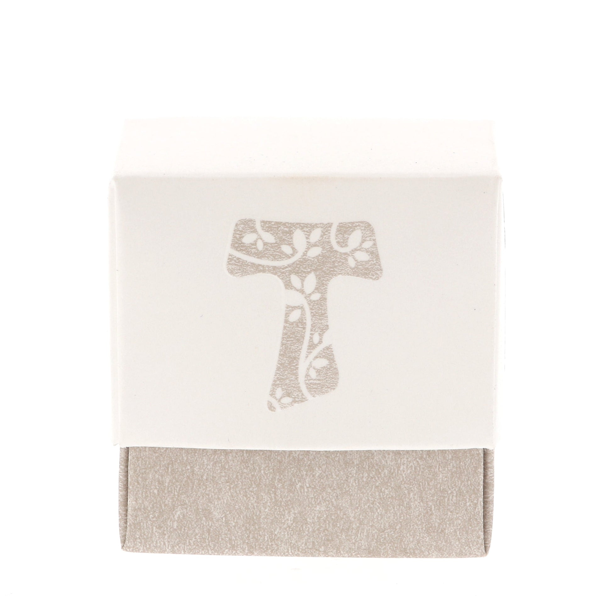 Scatolina porta confetti in carta con Croce Tau e coperchio. Dimensioni 5x5 cm