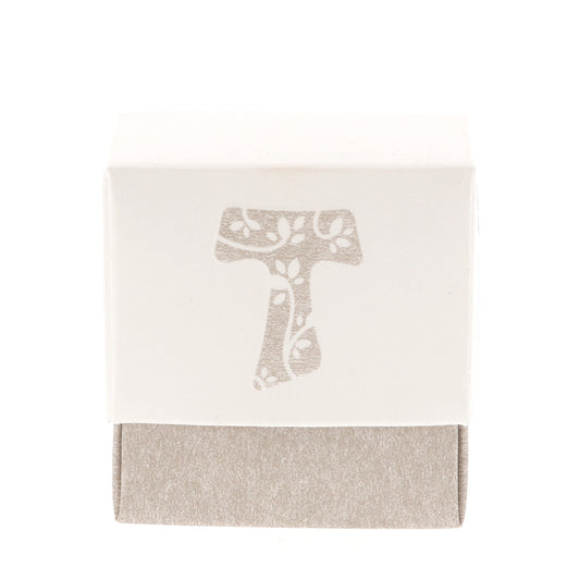 Scatolina porta confetti in carta con Croce Tau e coperchio. Dimensioni 5x5 cm