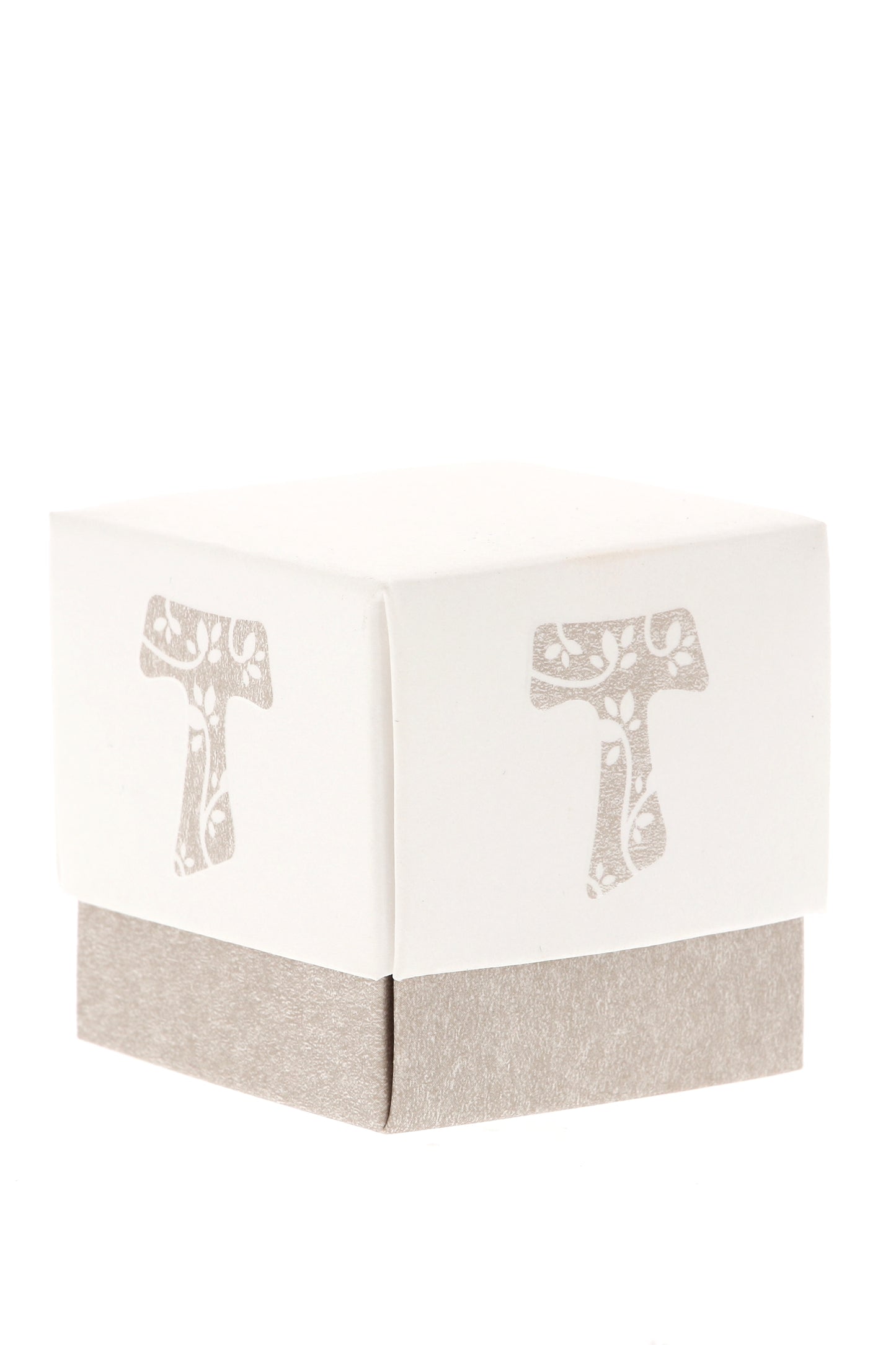 Scatolina porta confetti in carta con Croce Tau e coperchio. Dimensioni 5x5 cm