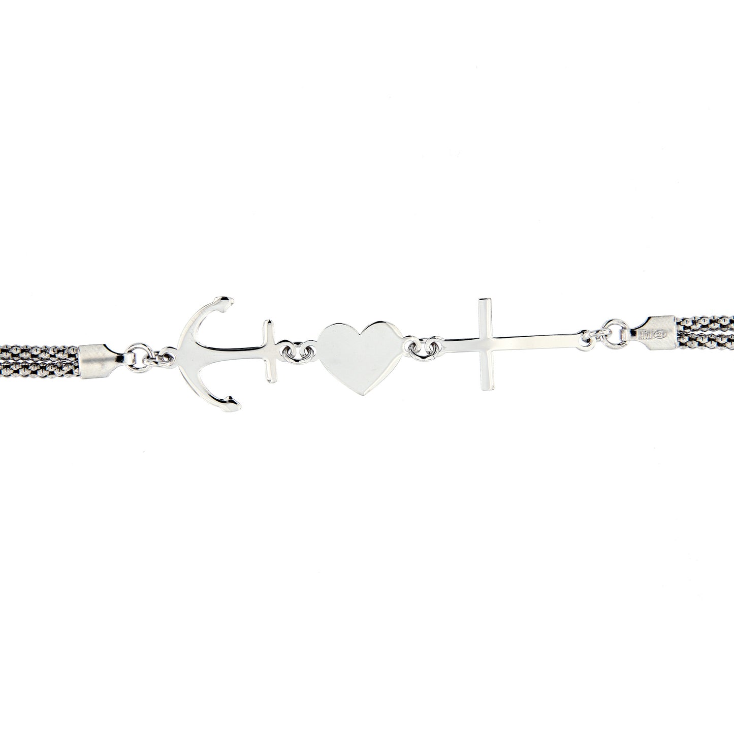 Bracciale Fede, Speranza, Carità a doppia maglia in argento 925. Lunghezza 17+3 cm