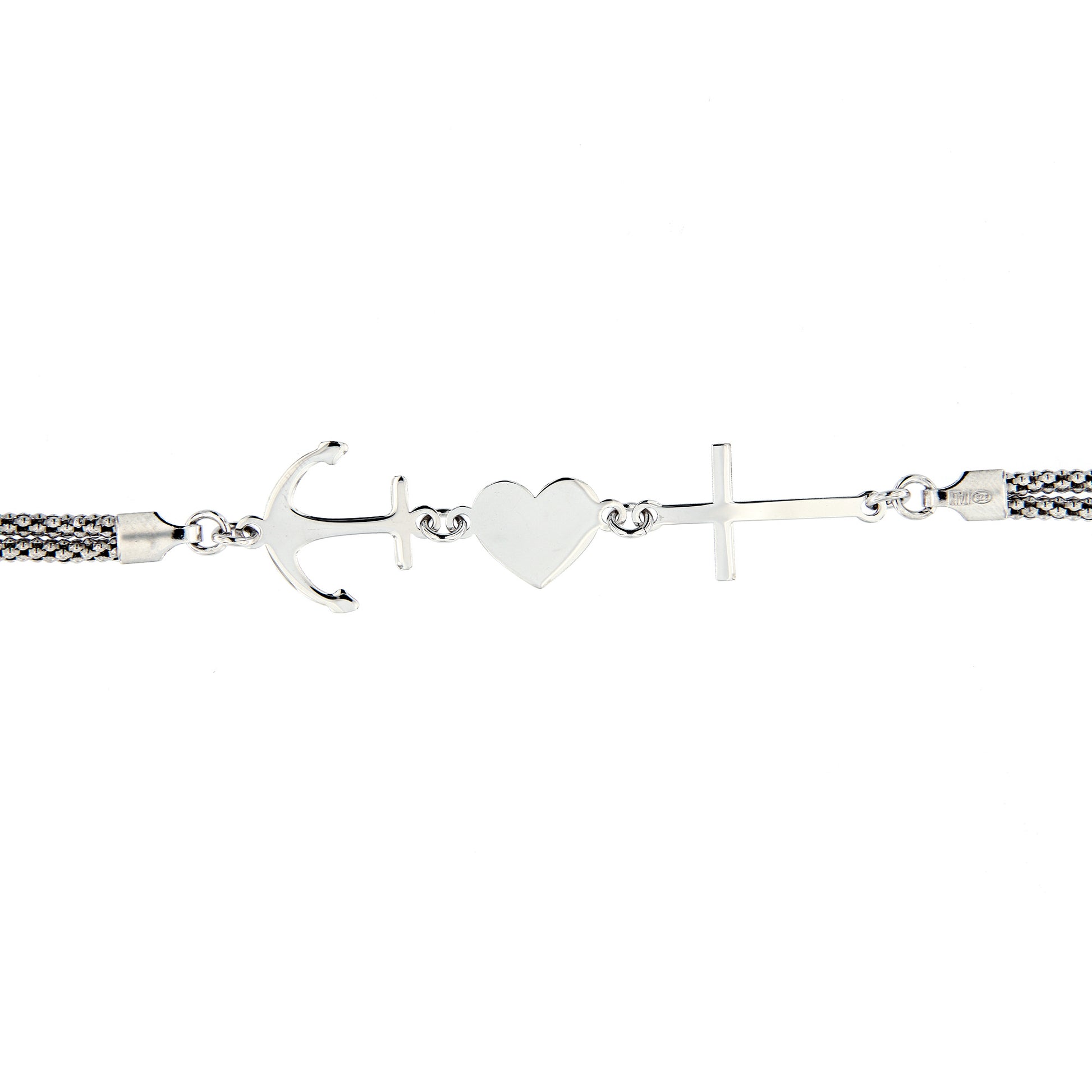 Bracciale Fede, Speranza, Carità a doppia maglia in argento 925. Lunghezza 17+3 cm