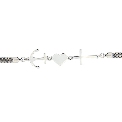 Bracciale Fede, Speranza, Carità a doppia maglia in argento 925. Lunghezza 17+3 cm