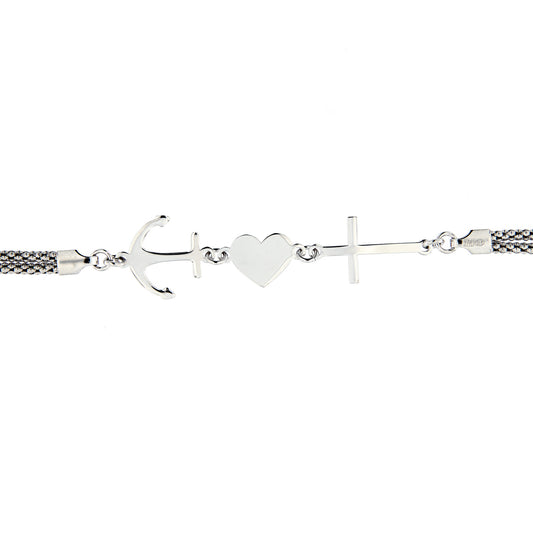Bracciale Fede, Speranza, Carità a doppia maglia in argento 925. Lunghezza 17+3 cm