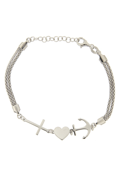 Bracciale Fede, Speranza, Carità a doppia maglia in argento 925. Lunghezza 17+3 cm