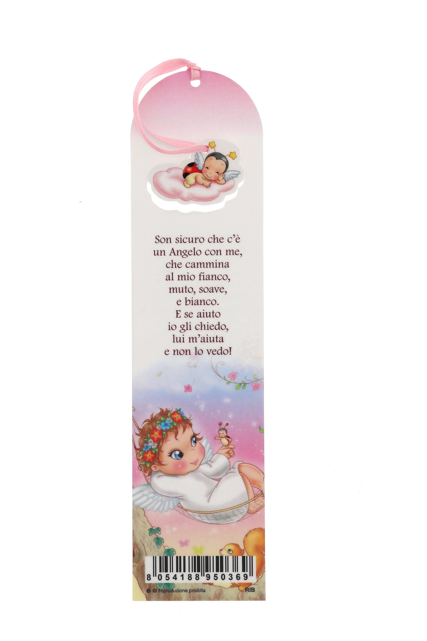 Segnalibro rosa o celeste con preghiera dell' Angelo di Dio. Dimensioni 5,5 x 22,4 cm